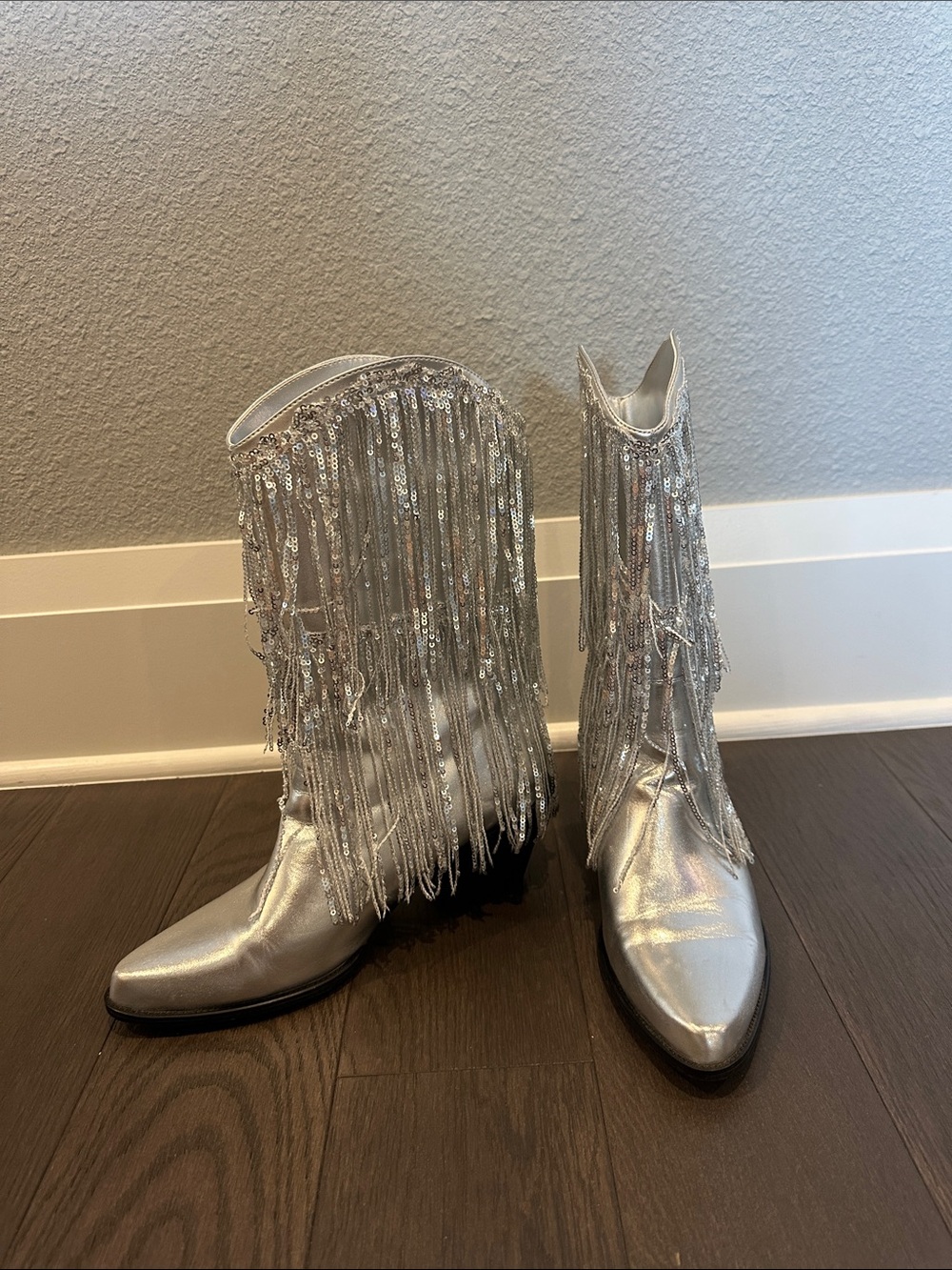 Silver Fringe Sequin Ankle Boots - Women's Metallic Booties - Picture 2 of 12